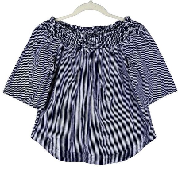 7th Avenue New York & Company Stripe Peasant 3/4 Sleeve Off The Shoulder Blouse - Picture 1 of 10
